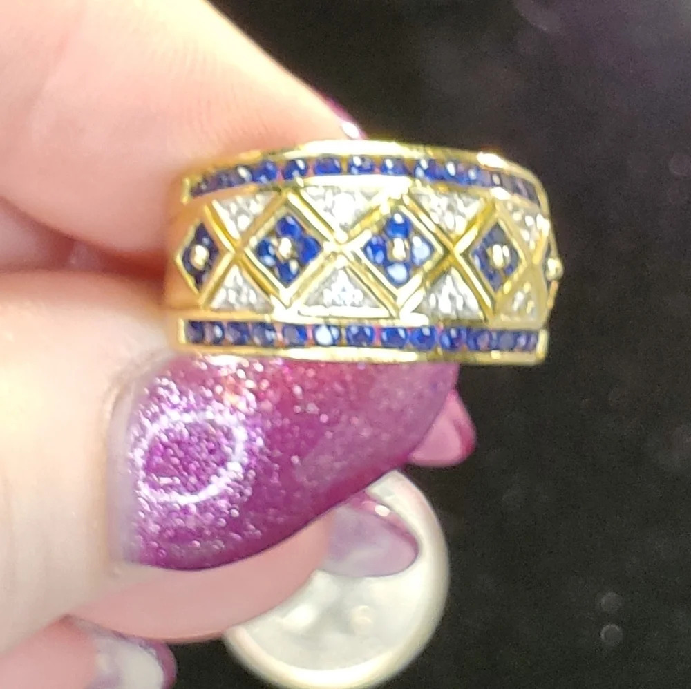 0224. Designed by SUN Jewelry 🌞 Lab Sapphires and Crystals 💍 w/14k Gold Finish - Picture 6 of 8